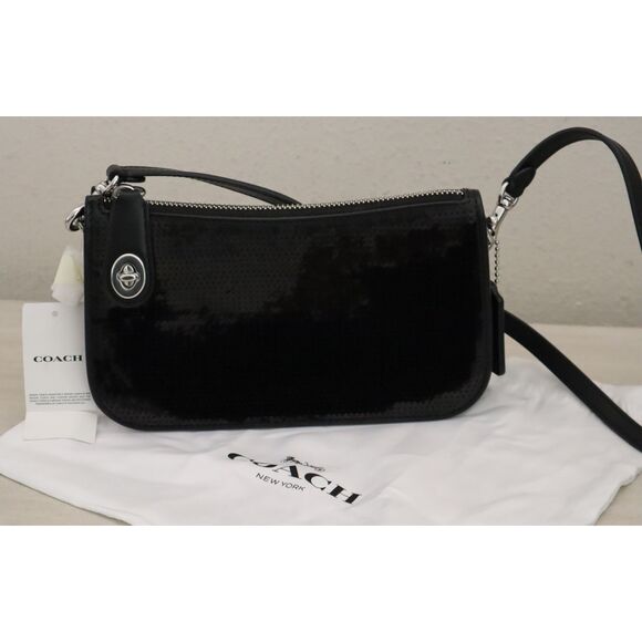 COACH CM547 Women's Black Leather Sequined Penn Shoulder Bag/Clutch - Picture 1 of 16